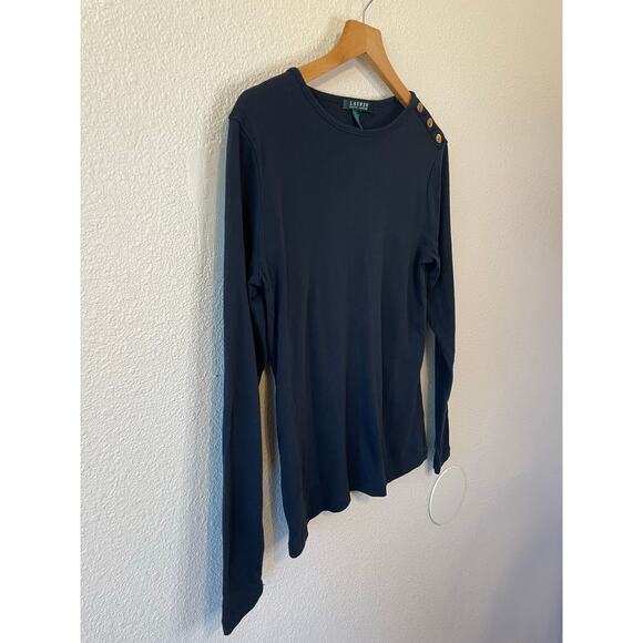Lauren Ralph Lauren Black Long Sleeve Gold Button Cotton Long Sleeve Top Large - Picture 3 of 8